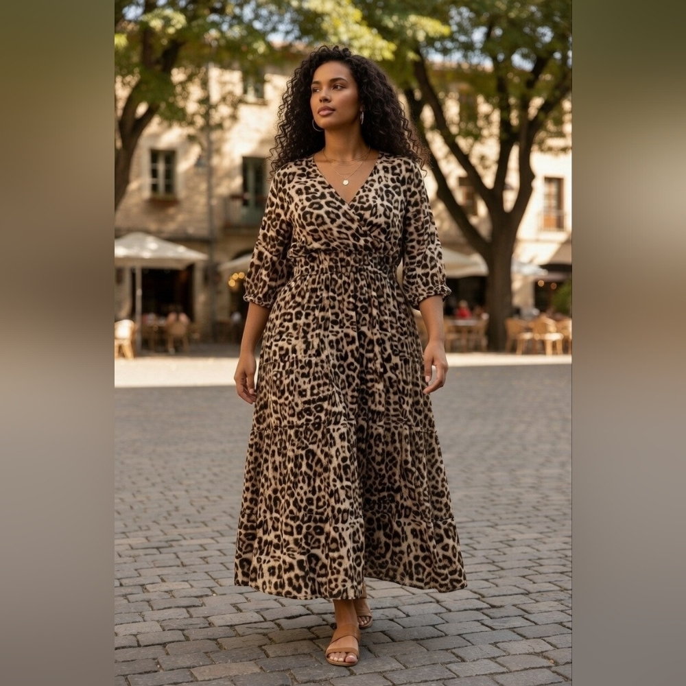 Leopard Print Maxi Dress Animal V-Neck Pleated Bold Statement Piece NWT